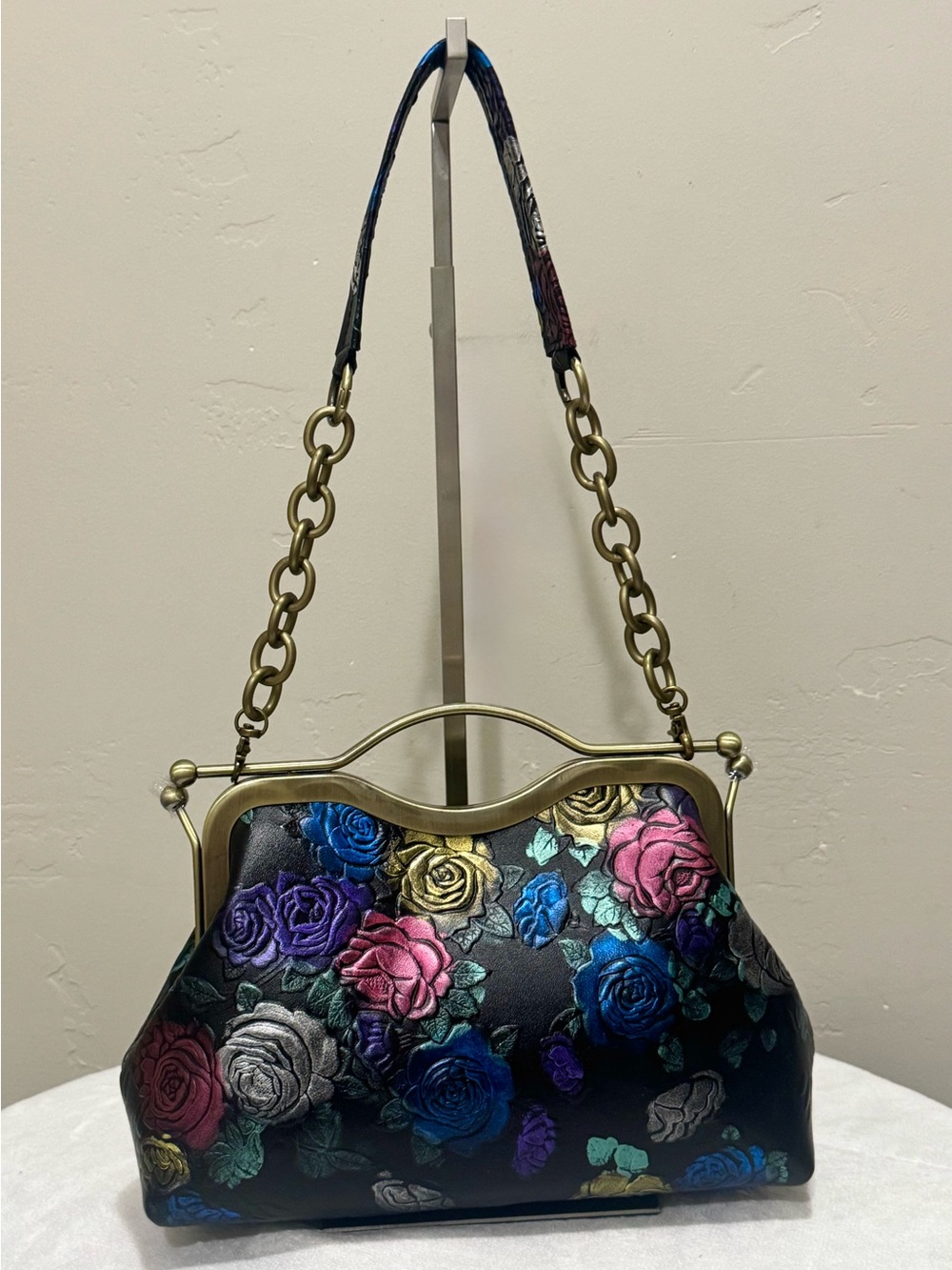 Unique Rose Embossed Cowhide Handmade Top Handle & Double Kisslock Frame Bag